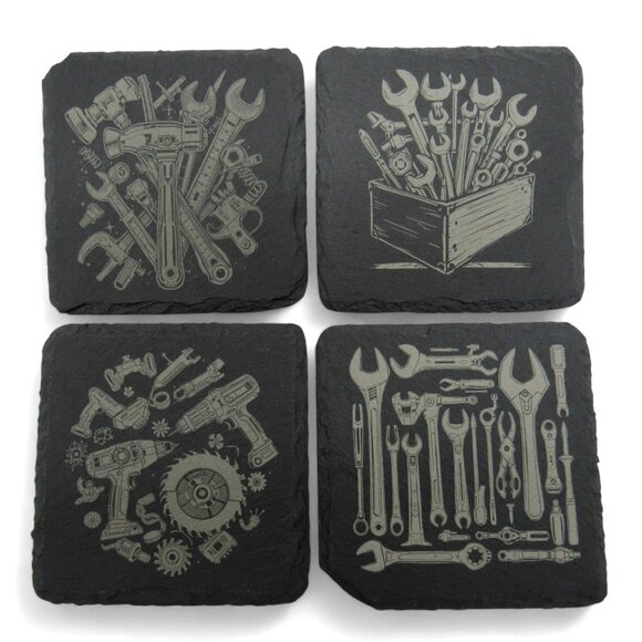 COASTERS TOOL Themed Personalizable Black Slate Set Of 4 Hand Tools Customizable - Picture 1 of 8